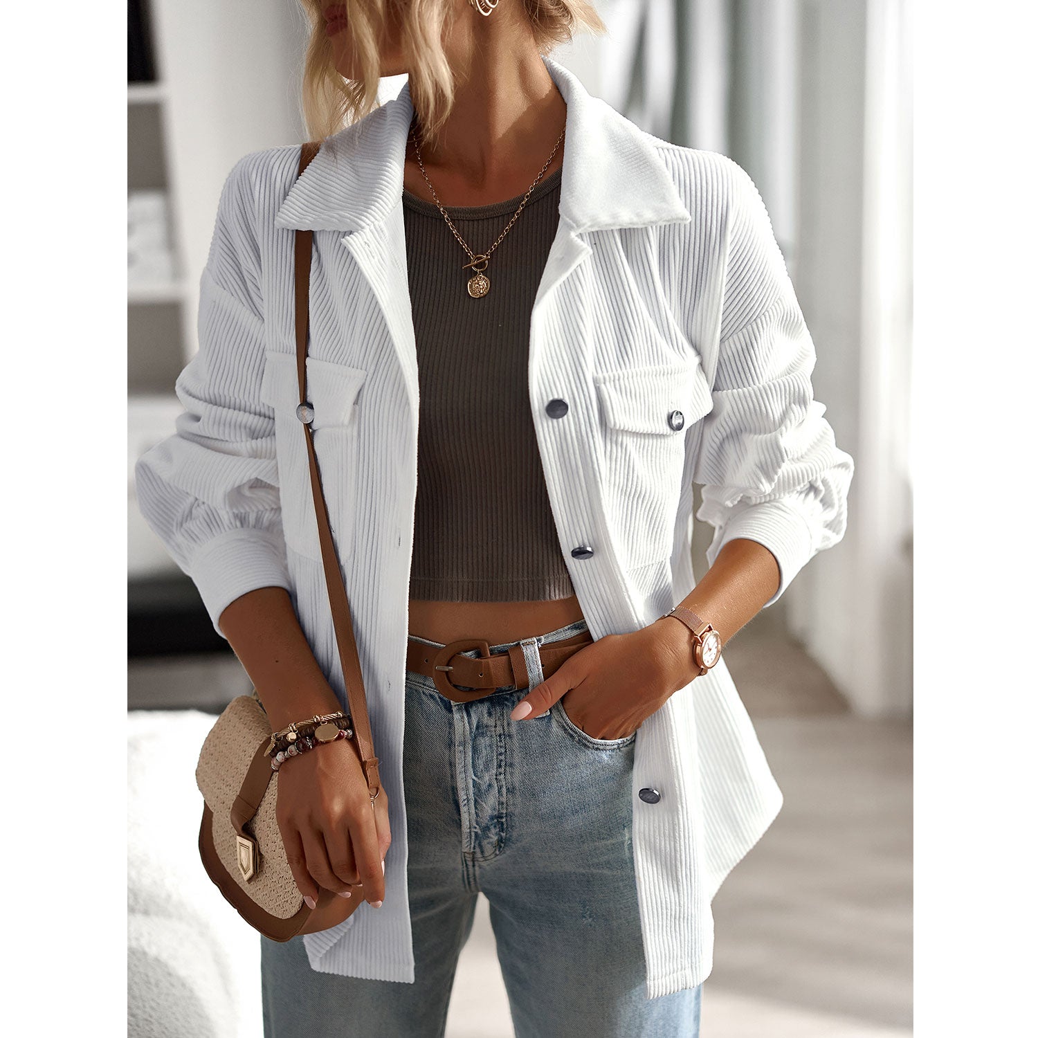 Women's Casual Corduroy Shacket Jacket