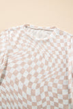 Khaki Checkered Pattern Mesh Mock Neck Long Sleeve Top