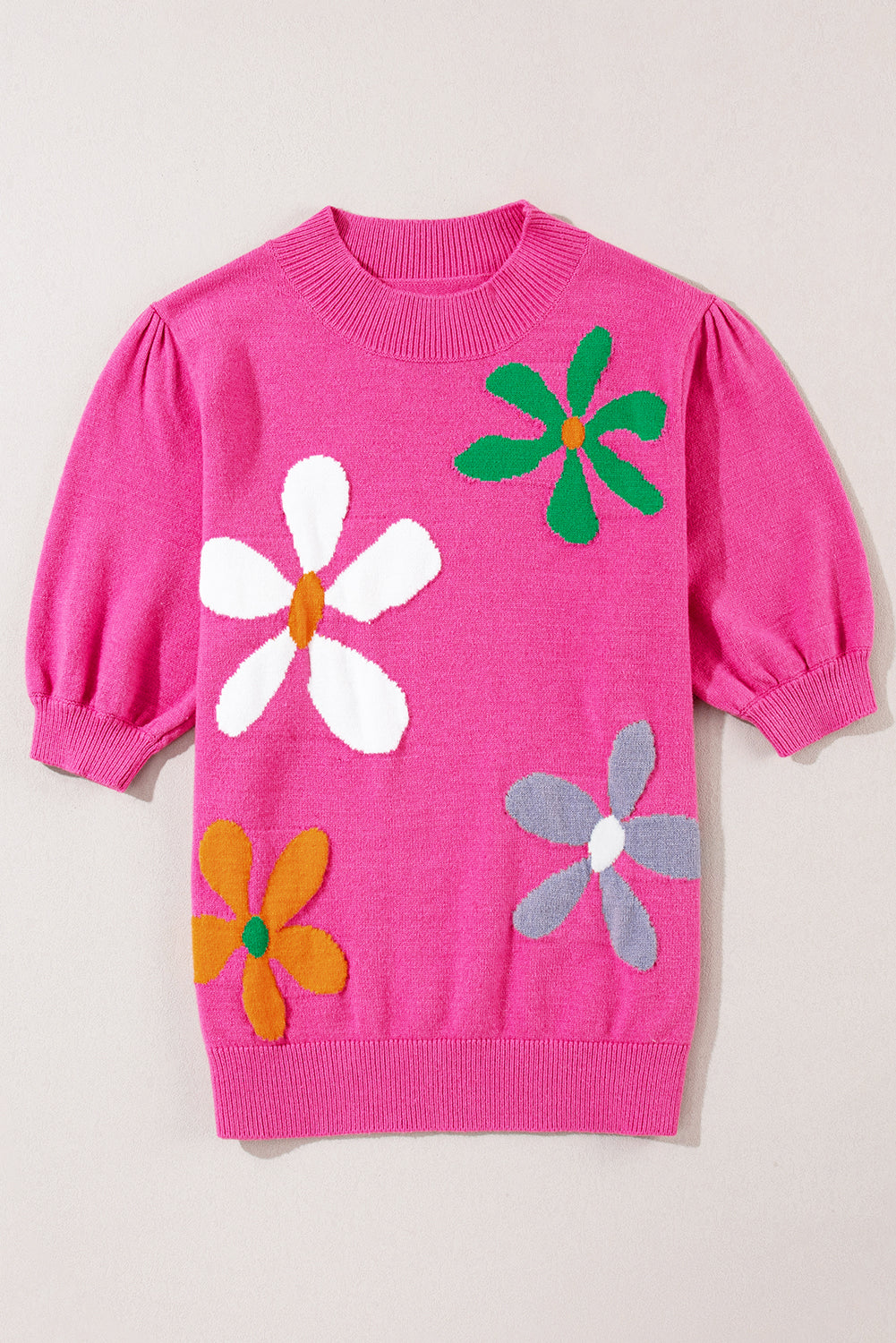Bright Pink Floral Bubble Short Sleeve Sweater