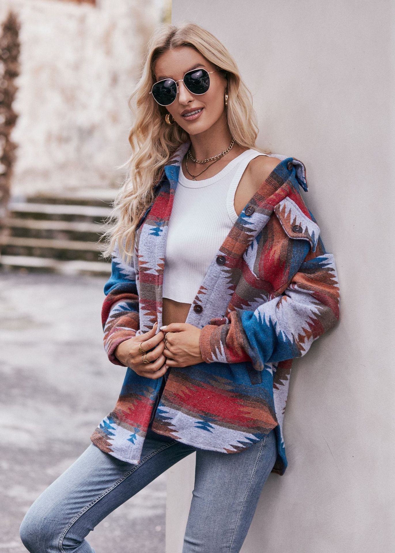 Women Geometric Jacket  with Pocket Lapel