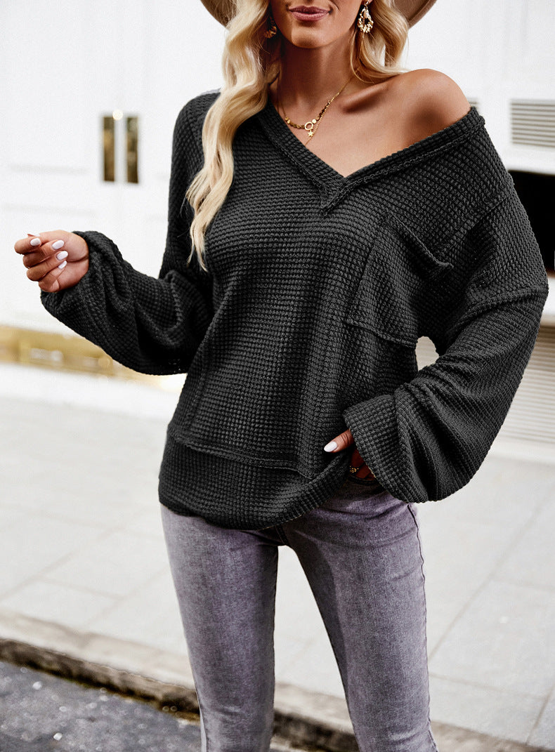 Women's Casual V Neck Ribbed Knitted Shirts Pullover Tunic Tops Loose Balloon Sleeve Solid Color Blouses Top