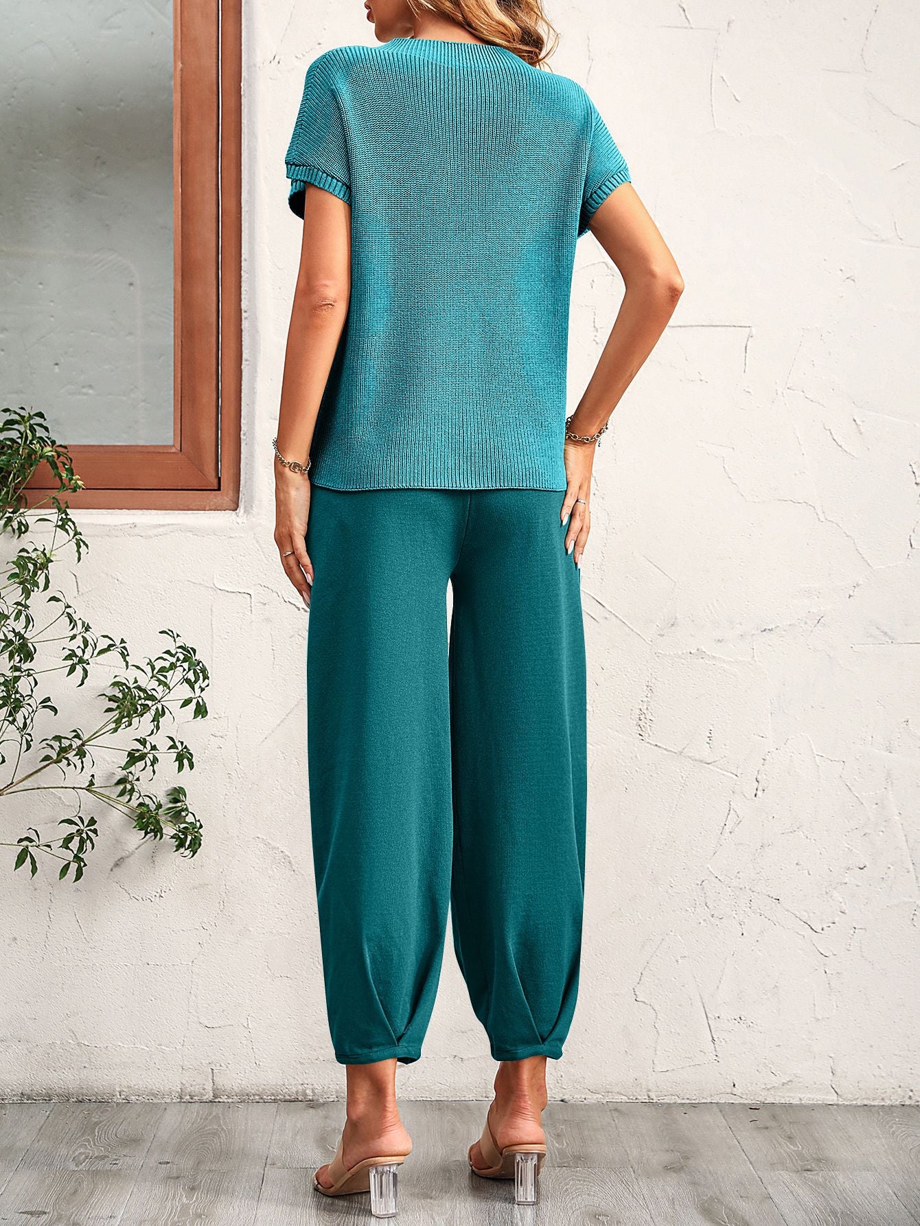 Women Short Sleeve Two Piece Solid Color Casual Waffle Loung