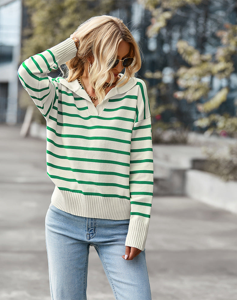 Top casual de solapa de suéter a rayas de punto para mujer