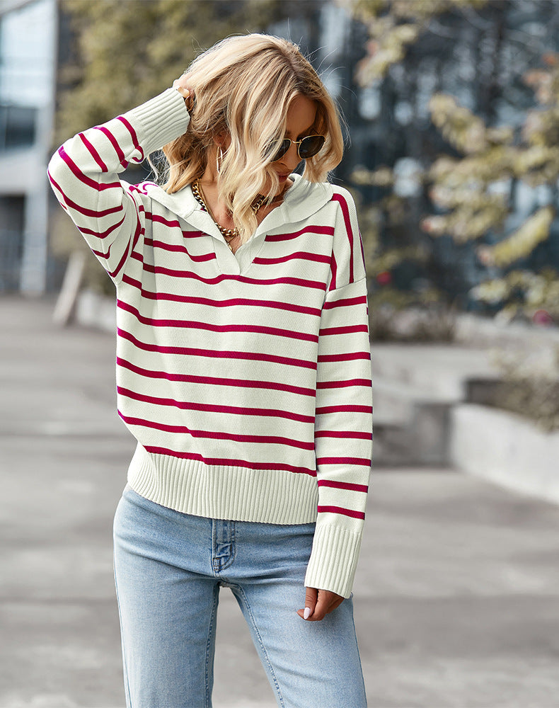Top casual de solapa de suéter a rayas de punto para mujer
