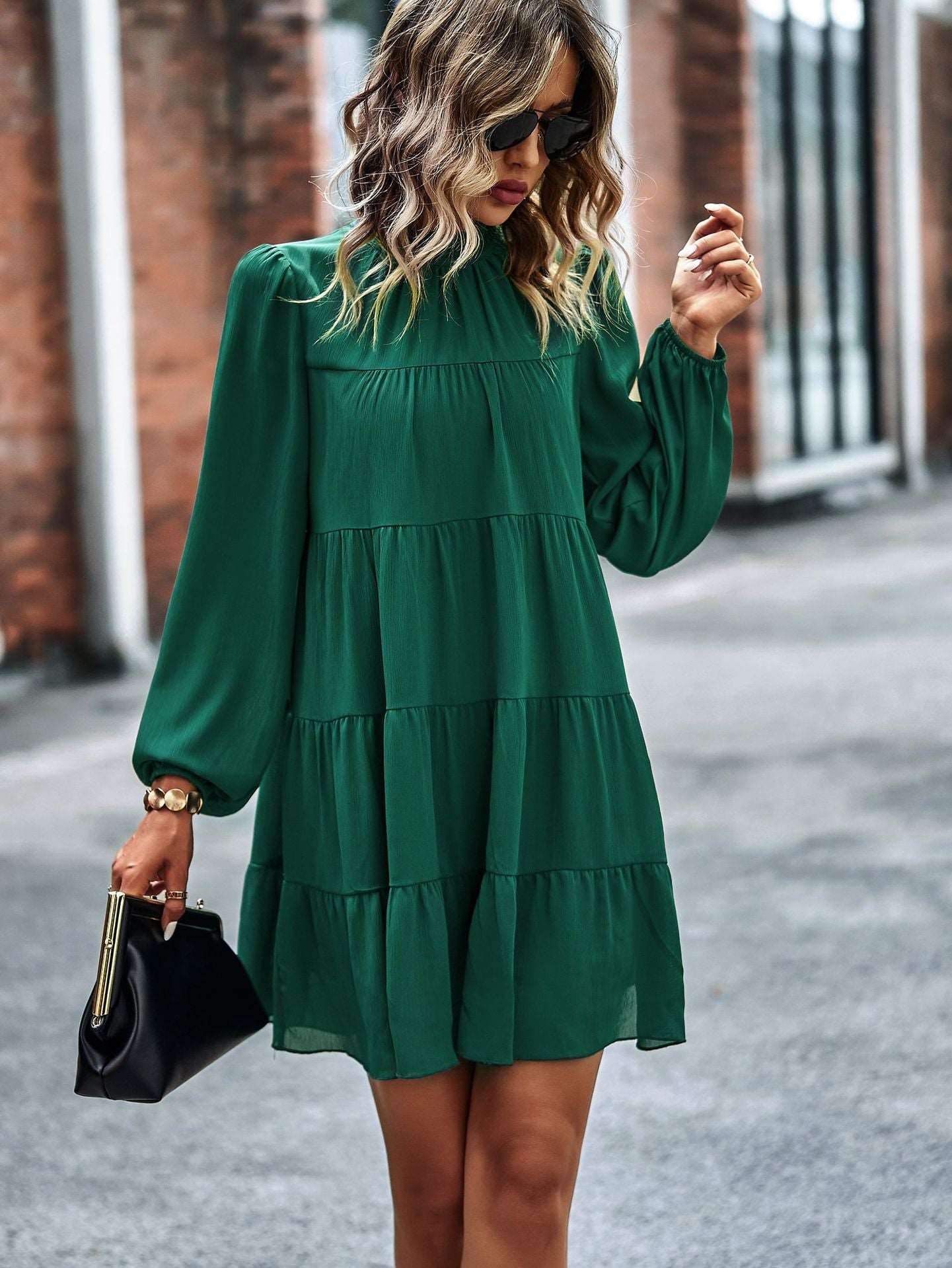 Womens Dress Long Lantern Sleeve Square Neck Tie Backless Sexy Dress Ruffle Elastic Waist A-Line Mini Dress