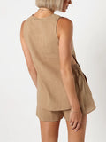 Women 2 Piece Cotton Button Blazer Vest V Neck Sleeveless