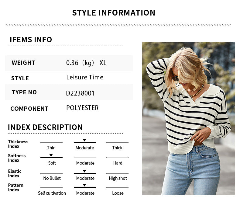 Top casual de solapa de suéter a rayas de punto para mujer