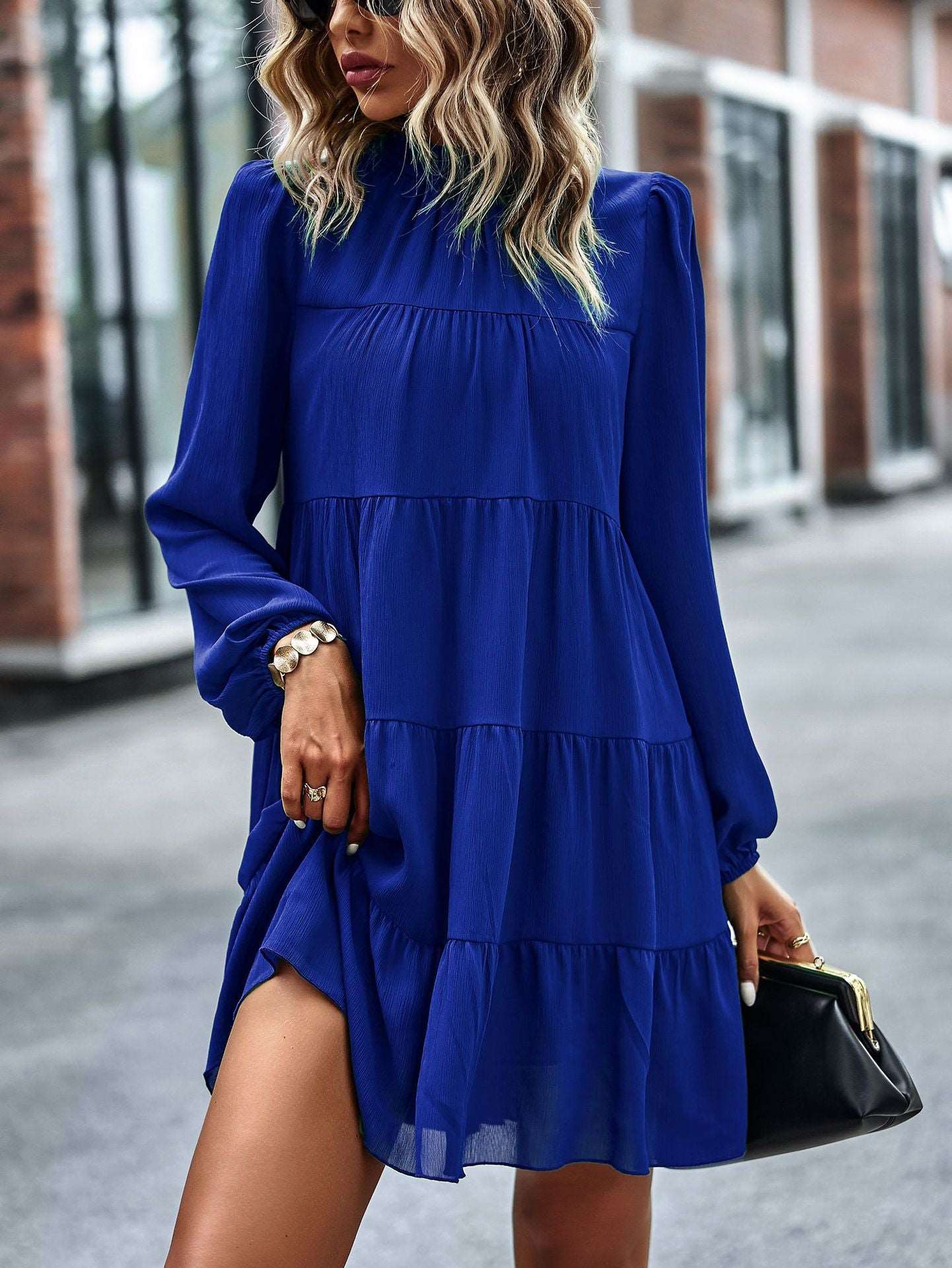 Womens Dress Long Lantern Sleeve Square Neck Tie Backless Sexy Dress Ruffle Elastic Waist A-Line Mini Dress