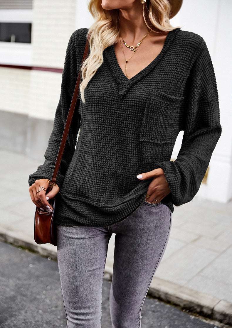Women's Casual V Neck Ribbed Knitted Shirts Pullover Tunic Tops Loose Balloon Sleeve Solid Color Blouses Top