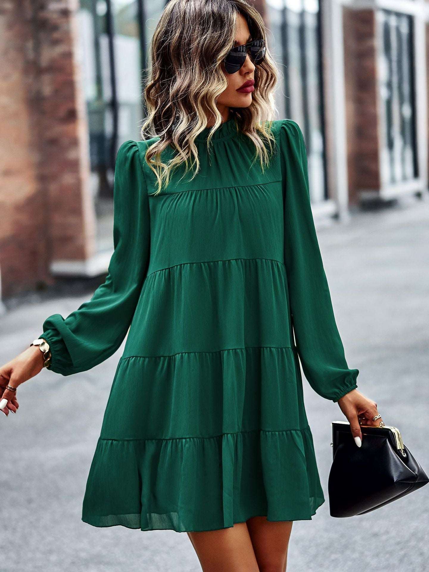 Womens Dress Long Lantern Sleeve Square Neck Tie Backless Sexy Dress Ruffle Elastic Waist A-Line Mini Dress