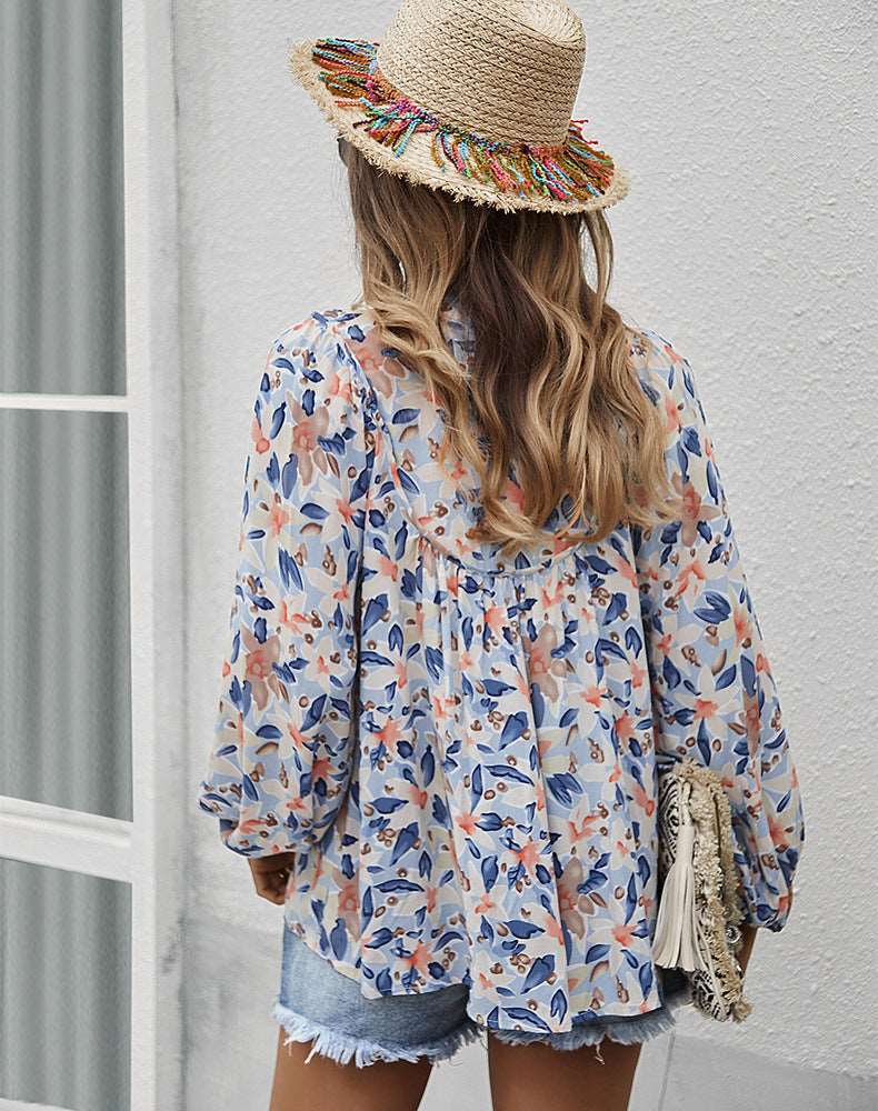 Womens Fall Fashion  Boho Tops Casual Frill Trim Mock Neck Shirts Puff Long Sleeve Blouse Floral Print Top