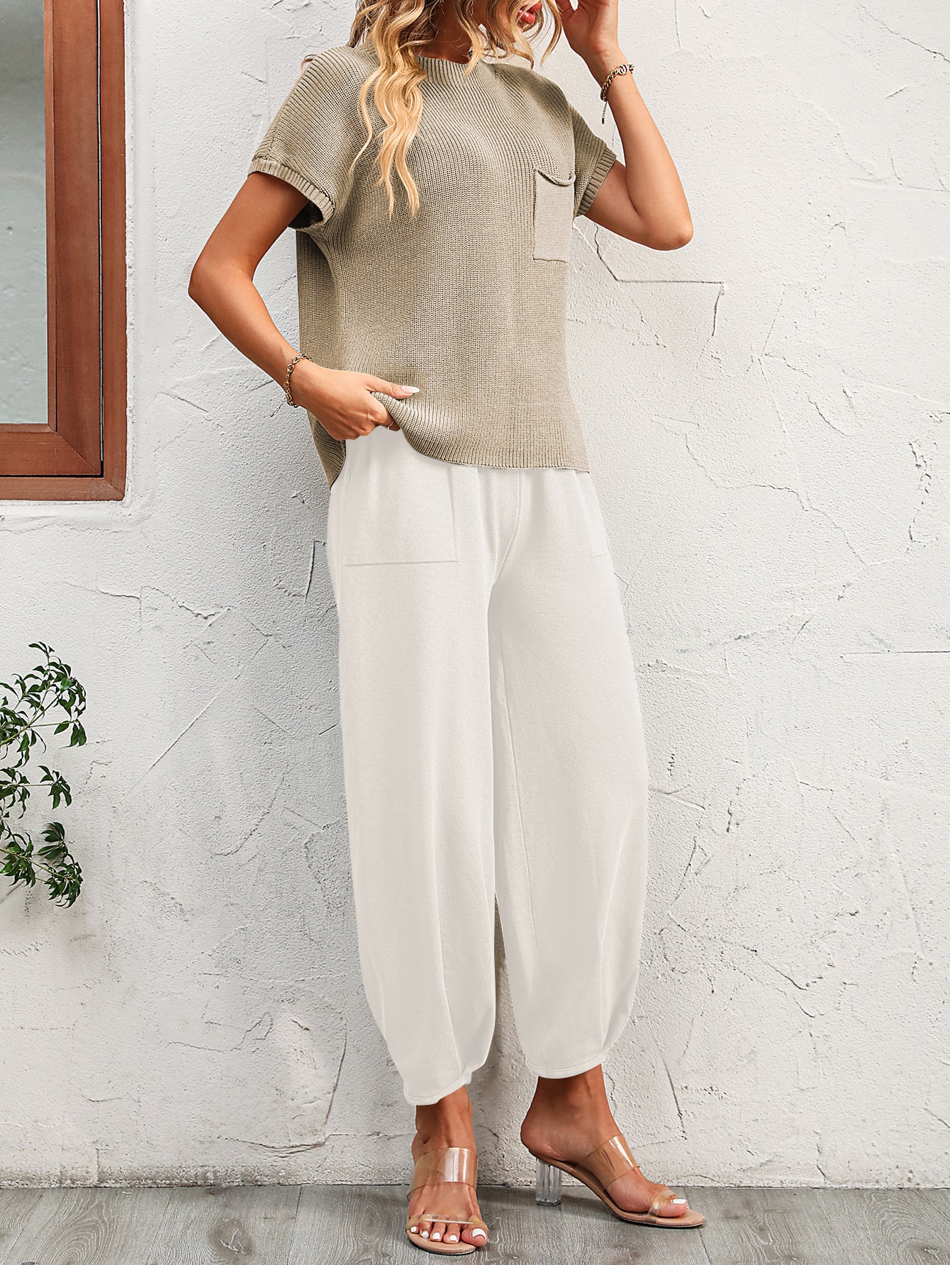 Women Short Sleeve Two Piece Solid Color Casual Waffle Loung