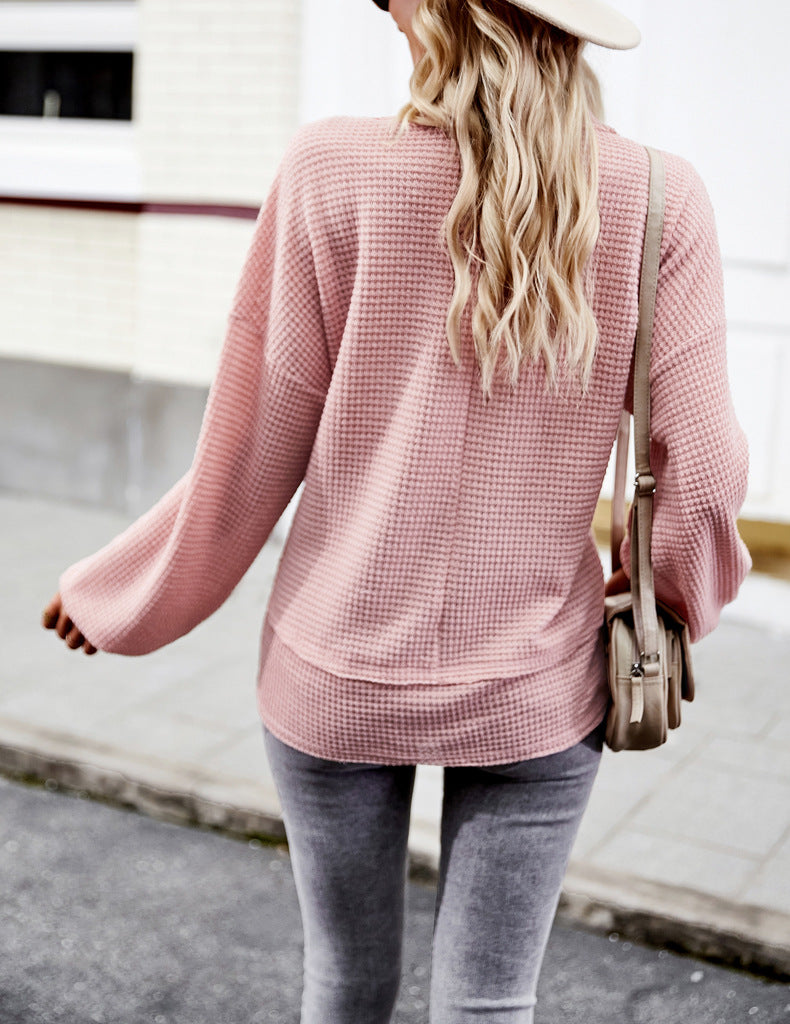 Women's Casual V Neck Ribbed Knitted Shirts Pullover Tunic Tops Loose Balloon Sleeve Solid Color Blouses Top