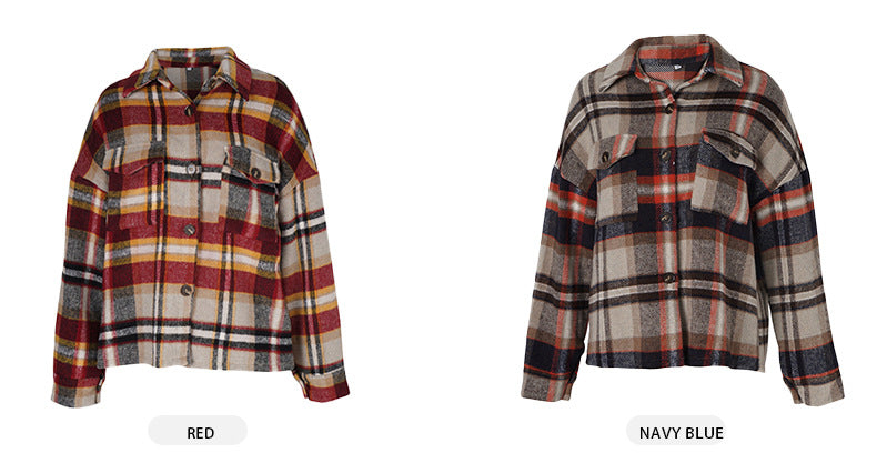 Chaqueta de franela para mujer, informal, mezcla de lana a cuadros, con botones, camisa de manga larga, ropa de otoño 