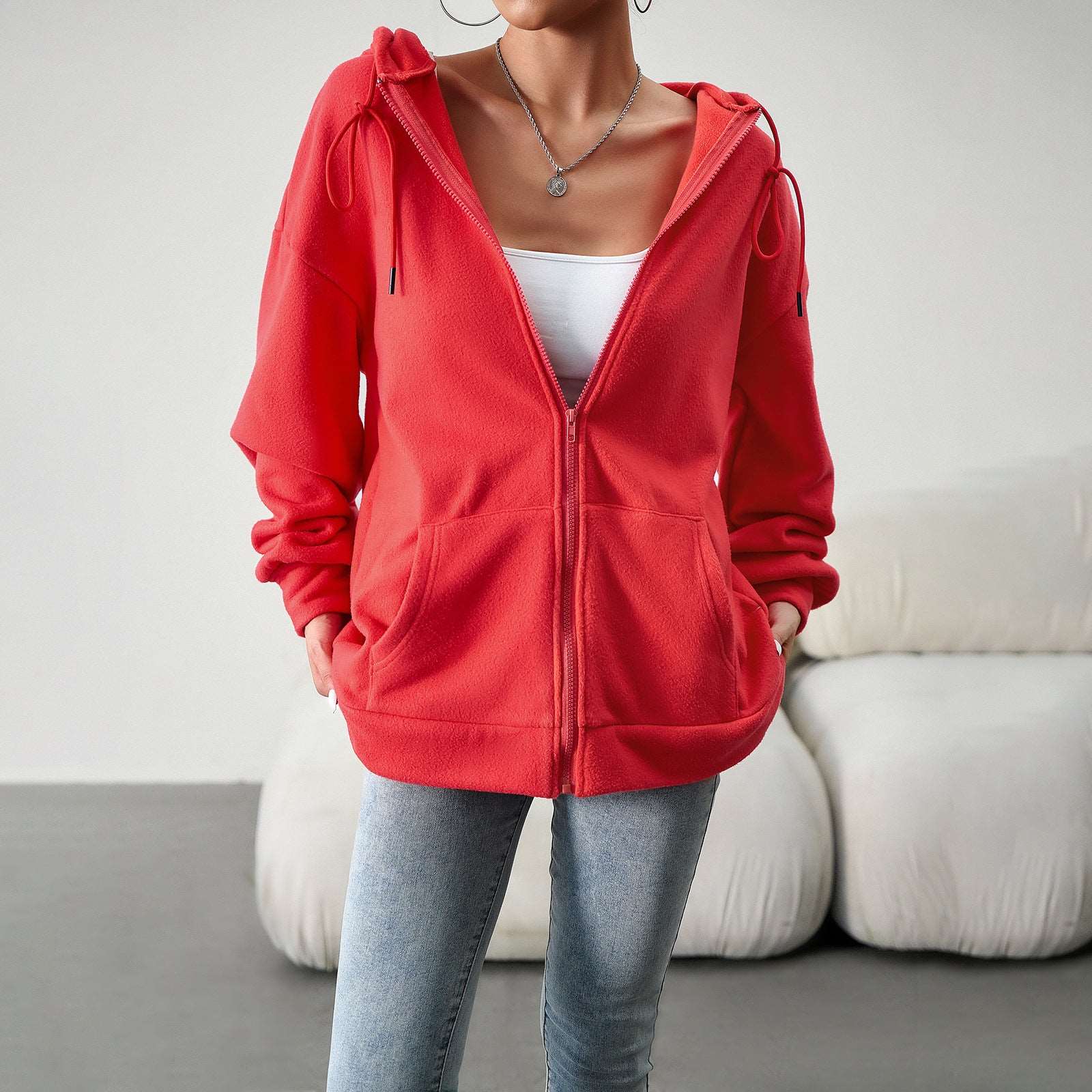 Women's Cute Hoodies Teen Girl Fall Jacket Oversized Sweatshirts Casual Drawstring Zip Up Y2K Hoodie with Pocket