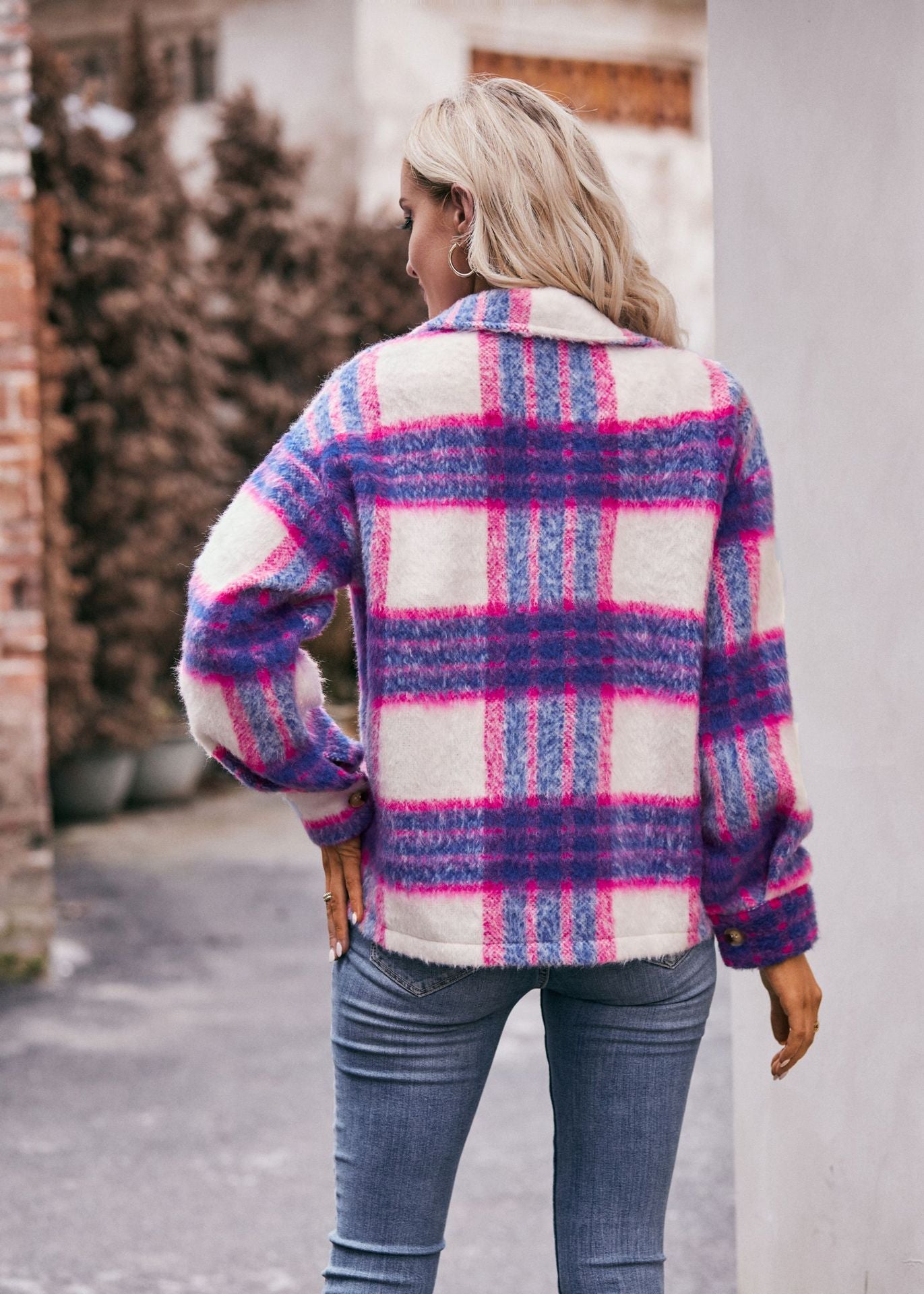 Women Plaid Short Jacket  with Pocket