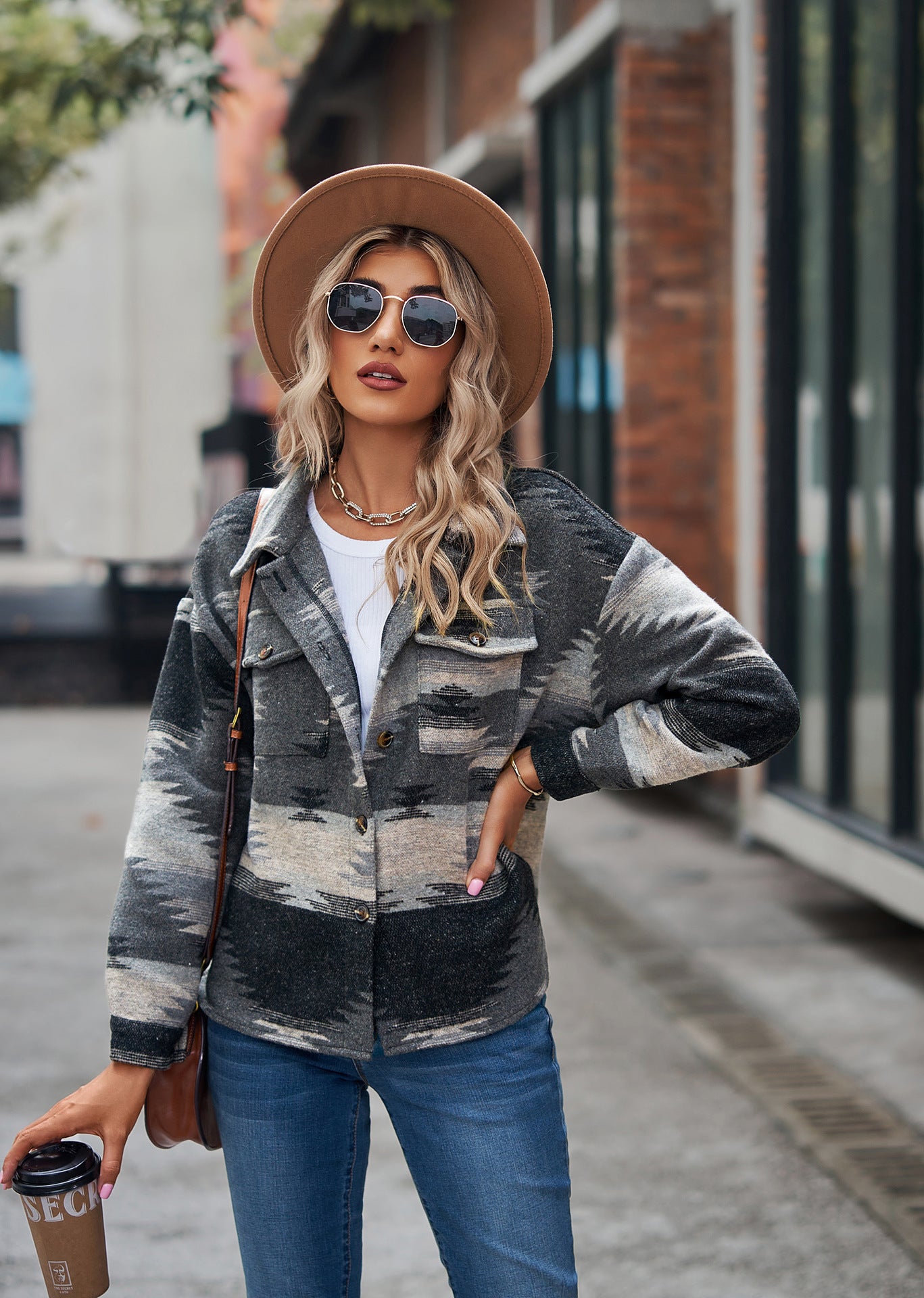 Casual Aztec Print Button Down Woolen Long Sleeve Jacket Coat