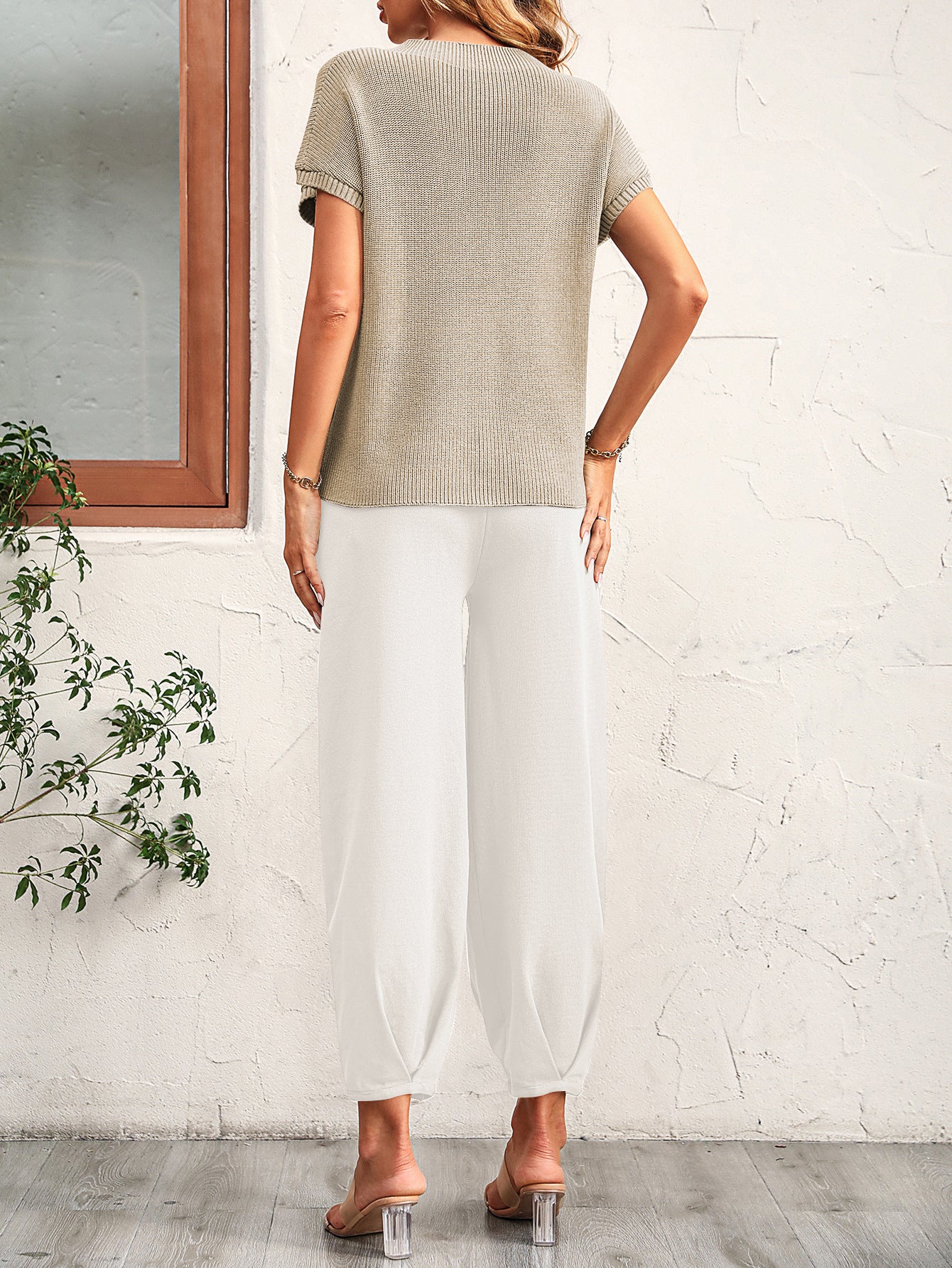 Women Short Sleeve Two Piece Solid Color Casual Waffle Loung