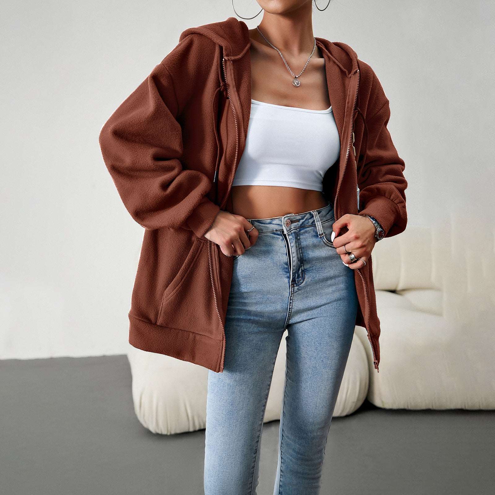 Women's Cute Hoodies Teen Girl Fall Jacket Oversized Sweatshirts Casual Drawstring Zip Up Y2K Hoodie with Pocket