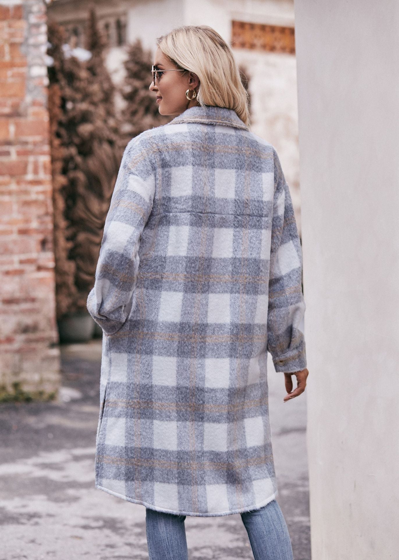 Women Plaid Hoodies Long Jacket Oversized with Pocket