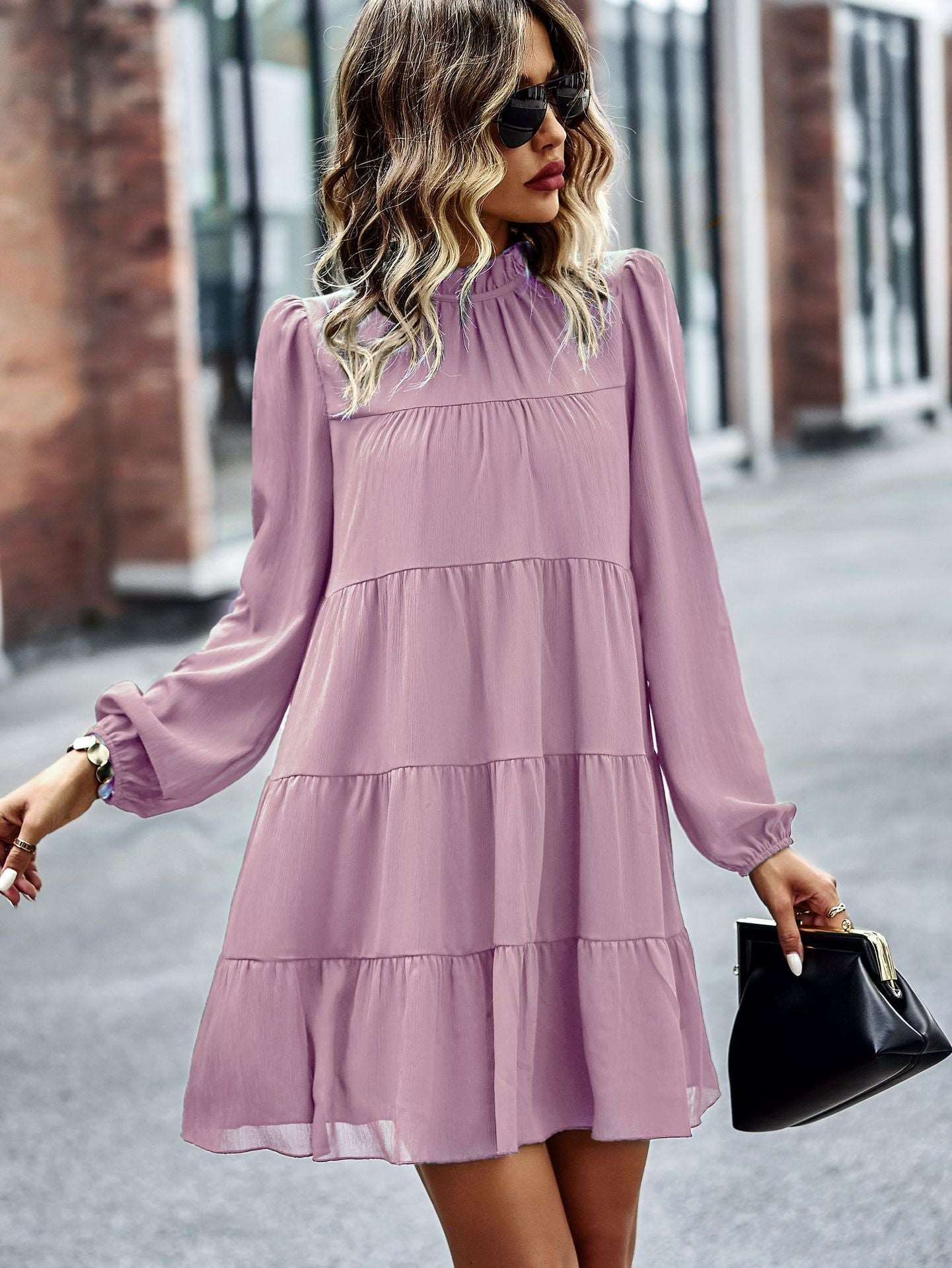 Womens Dress Long Lantern Sleeve Square Neck Tie Backless Sexy Dress Ruffle Elastic Waist A-Line Mini Dress