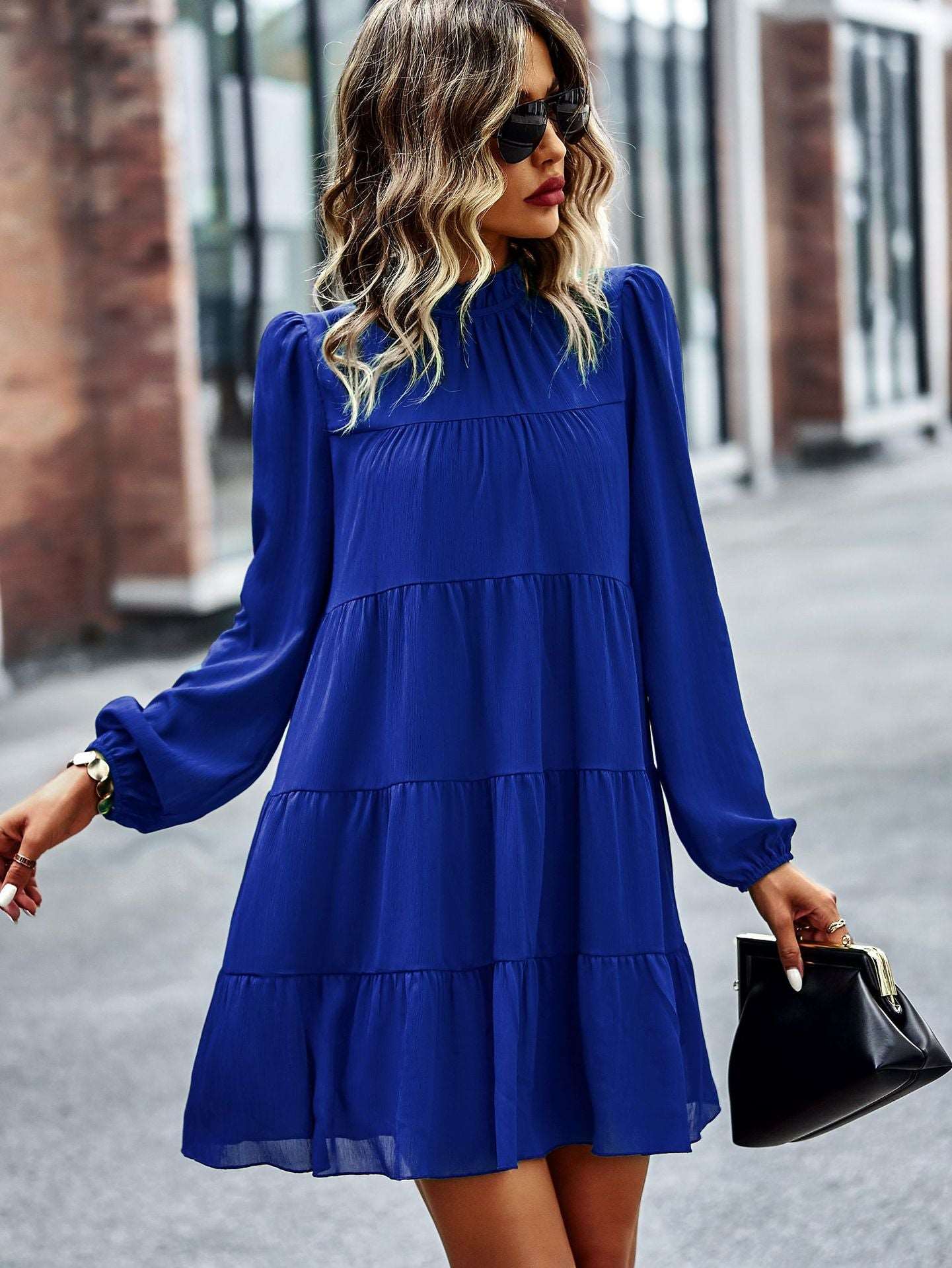 Womens Dress Long Lantern Sleeve Square Neck Tie Backless Sexy Dress Ruffle Elastic Waist A-Line Mini Dress