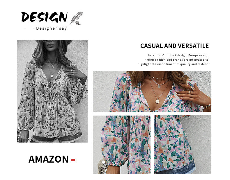 Tops bohemios de moda de otoño para mujer, camisas informales con volantes y cuello simulado, blusa de manga larga con estampado Floral 