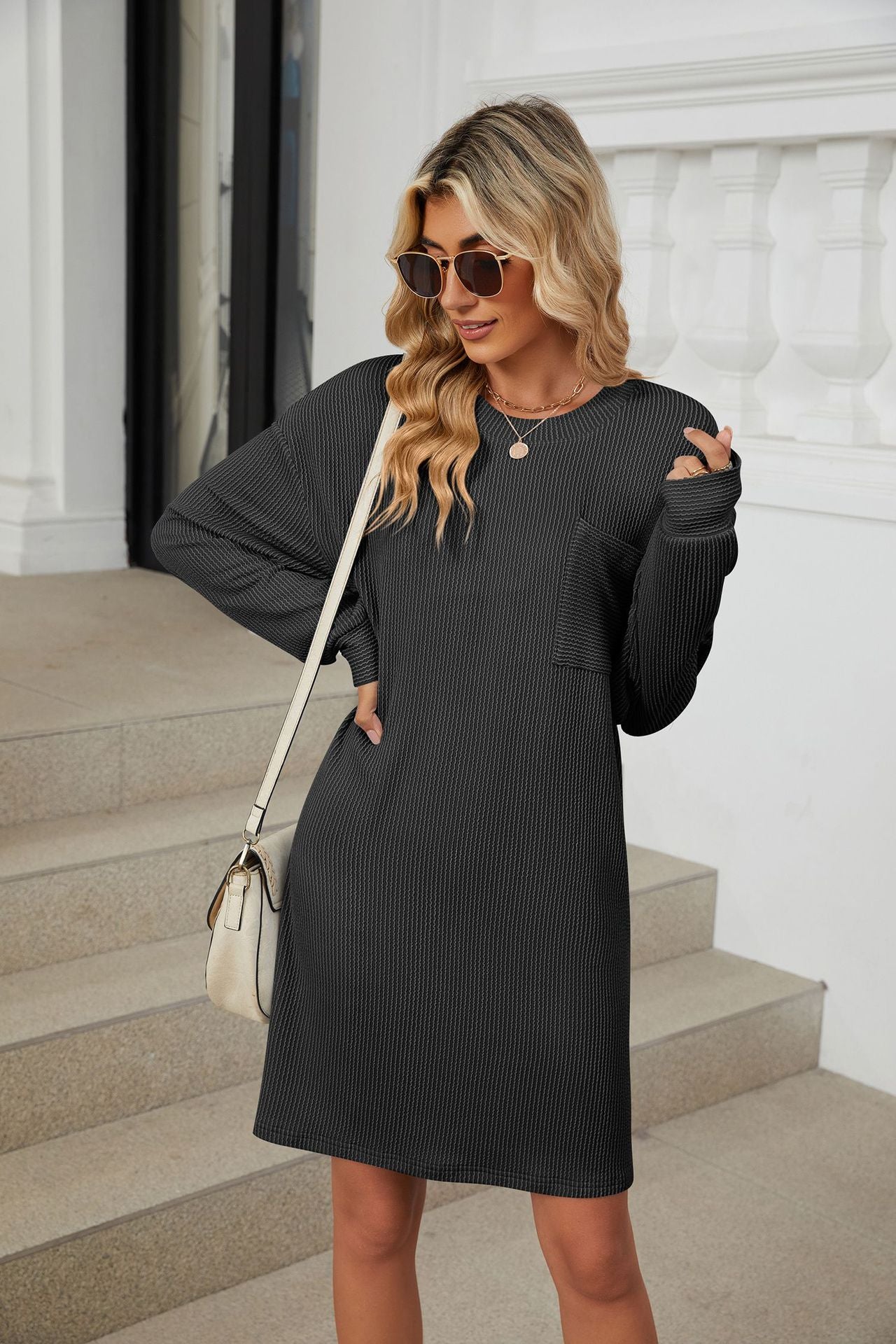 Womens Crewneck Short Sleeve Ribbed Dress