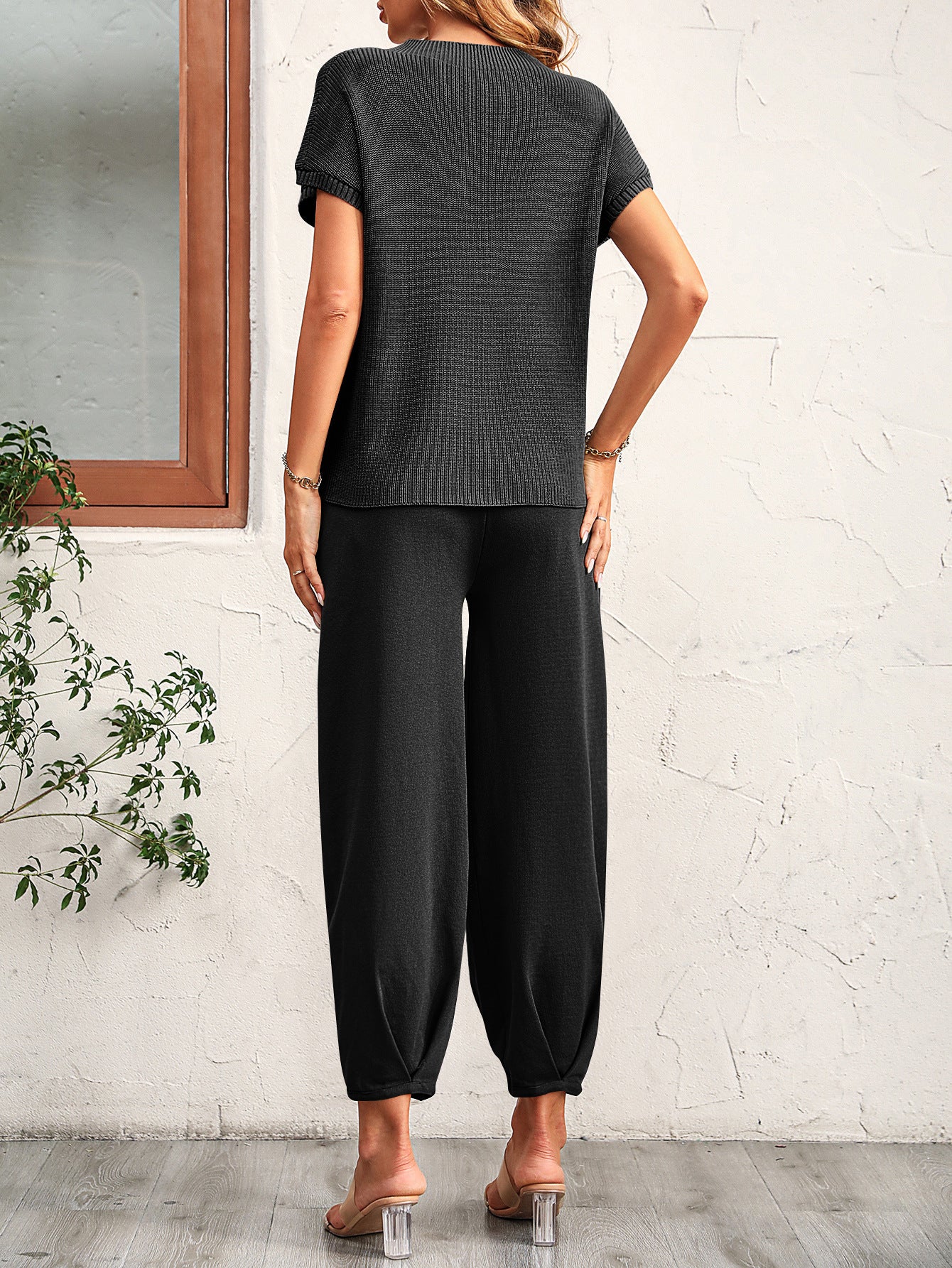 Women Short Sleeve Two Piece Solid Color Casual Waffle Loung
