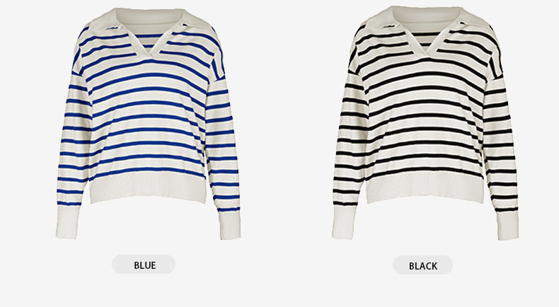 Top casual de solapa de suéter a rayas de punto para mujer