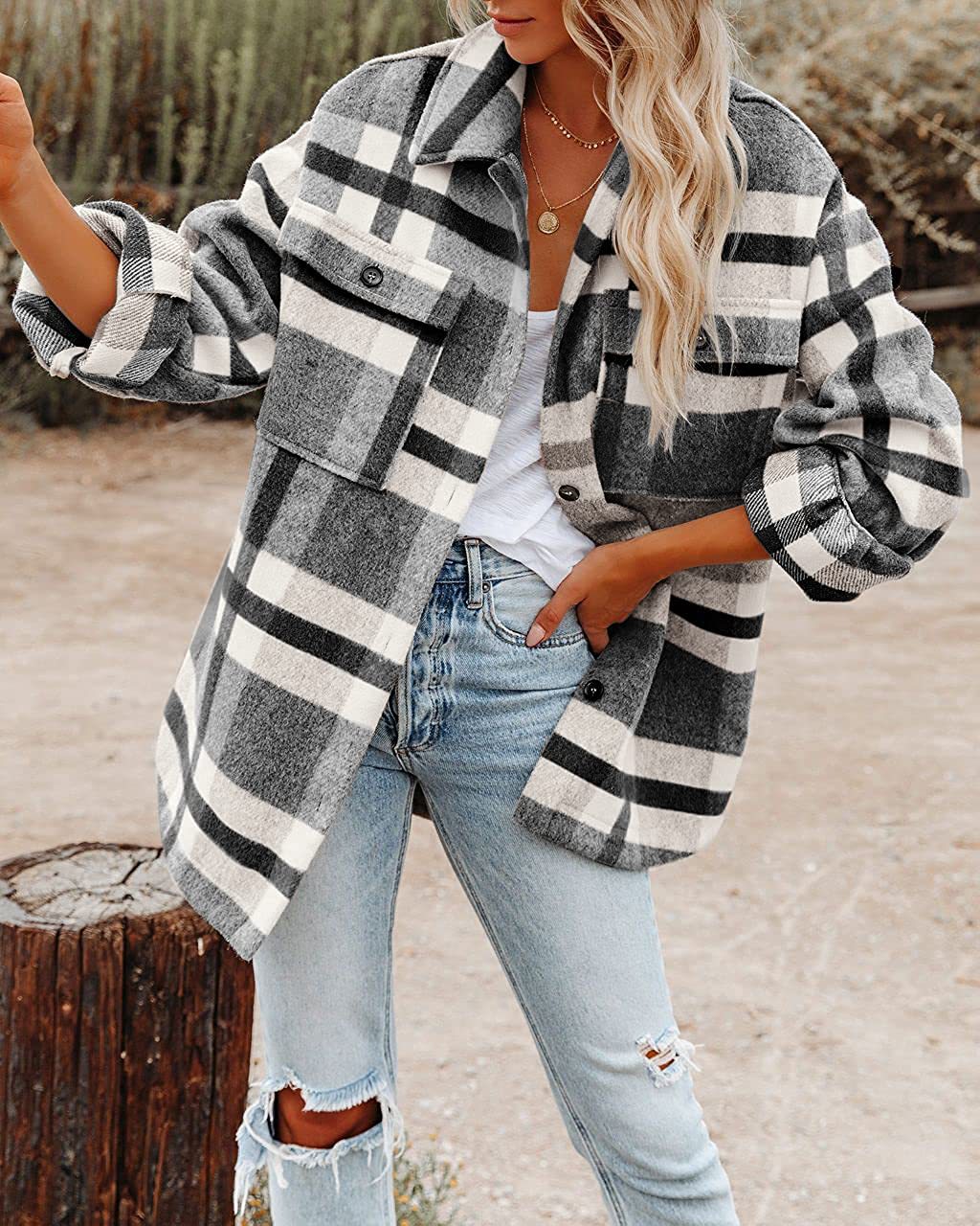Women Oversize Loose Plaid Jacket with Pocket