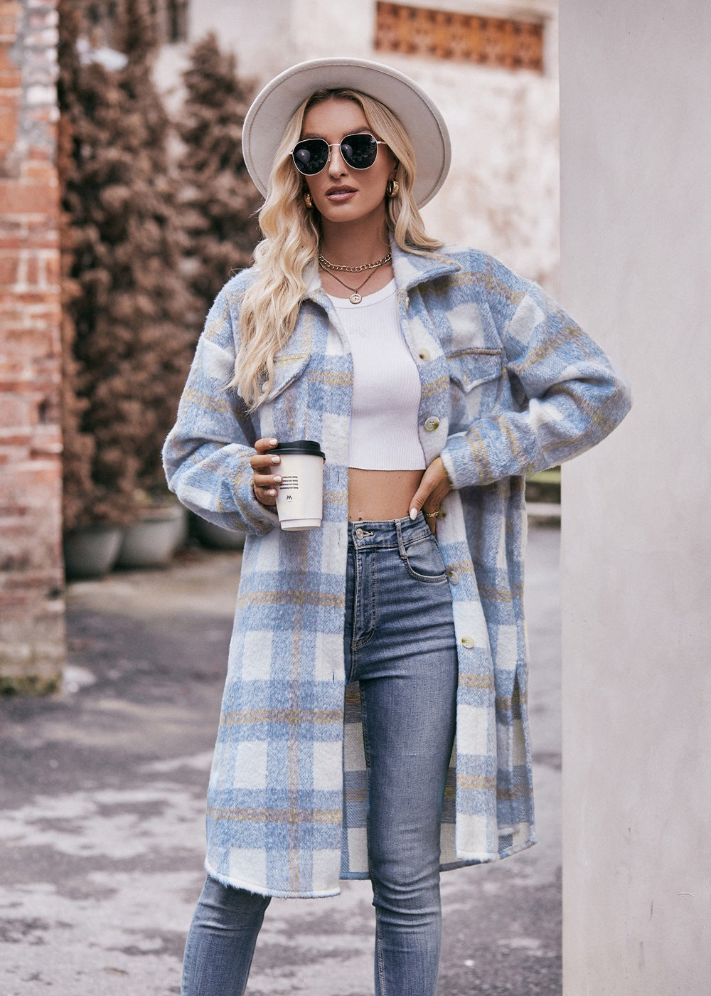 Women Plaid Hoodies Long Jacket Oversized with Pocket