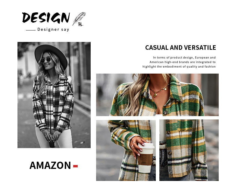 Chaqueta de franela para mujer, informal, mezcla de lana a cuadros, con botones, camisa de manga larga, ropa de otoño 