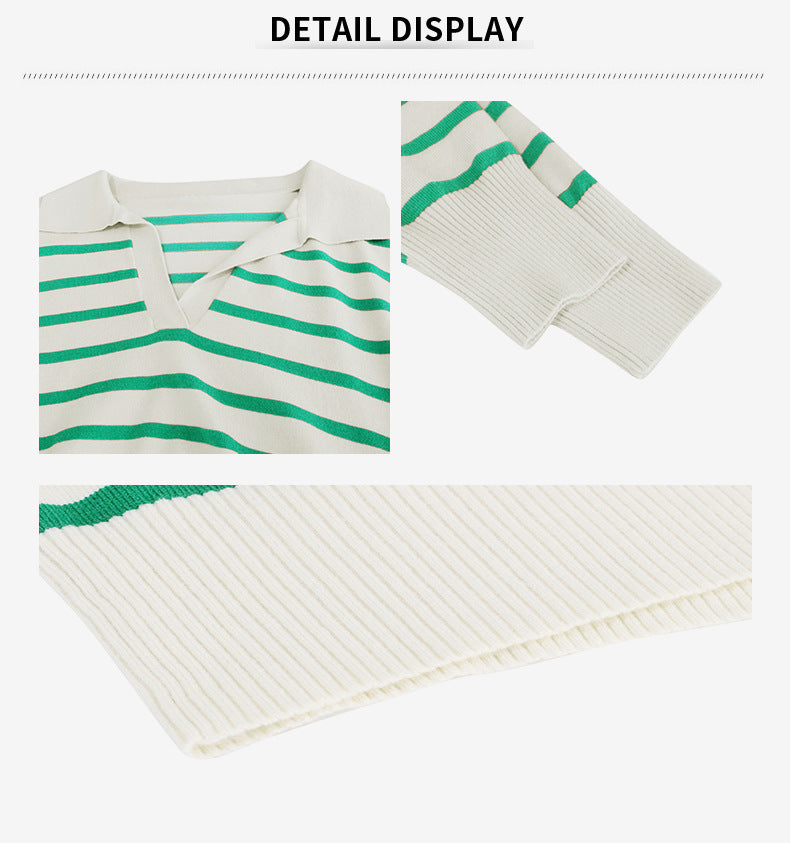 Top casual de solapa de suéter a rayas de punto para mujer