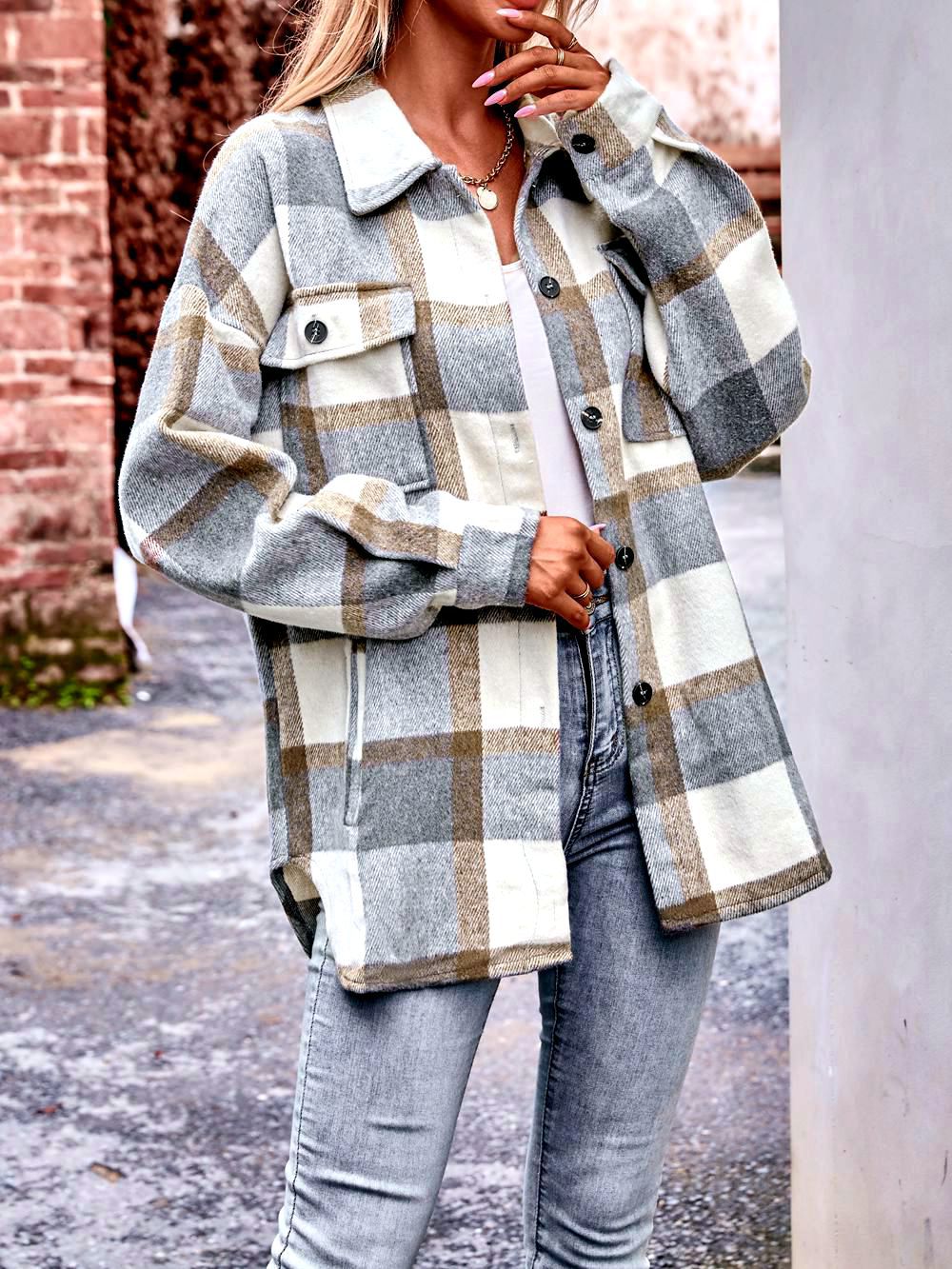 Women's Fall and Winter New Cross-border Women's Plaid Jacket Casual Loose Pocket Shirt