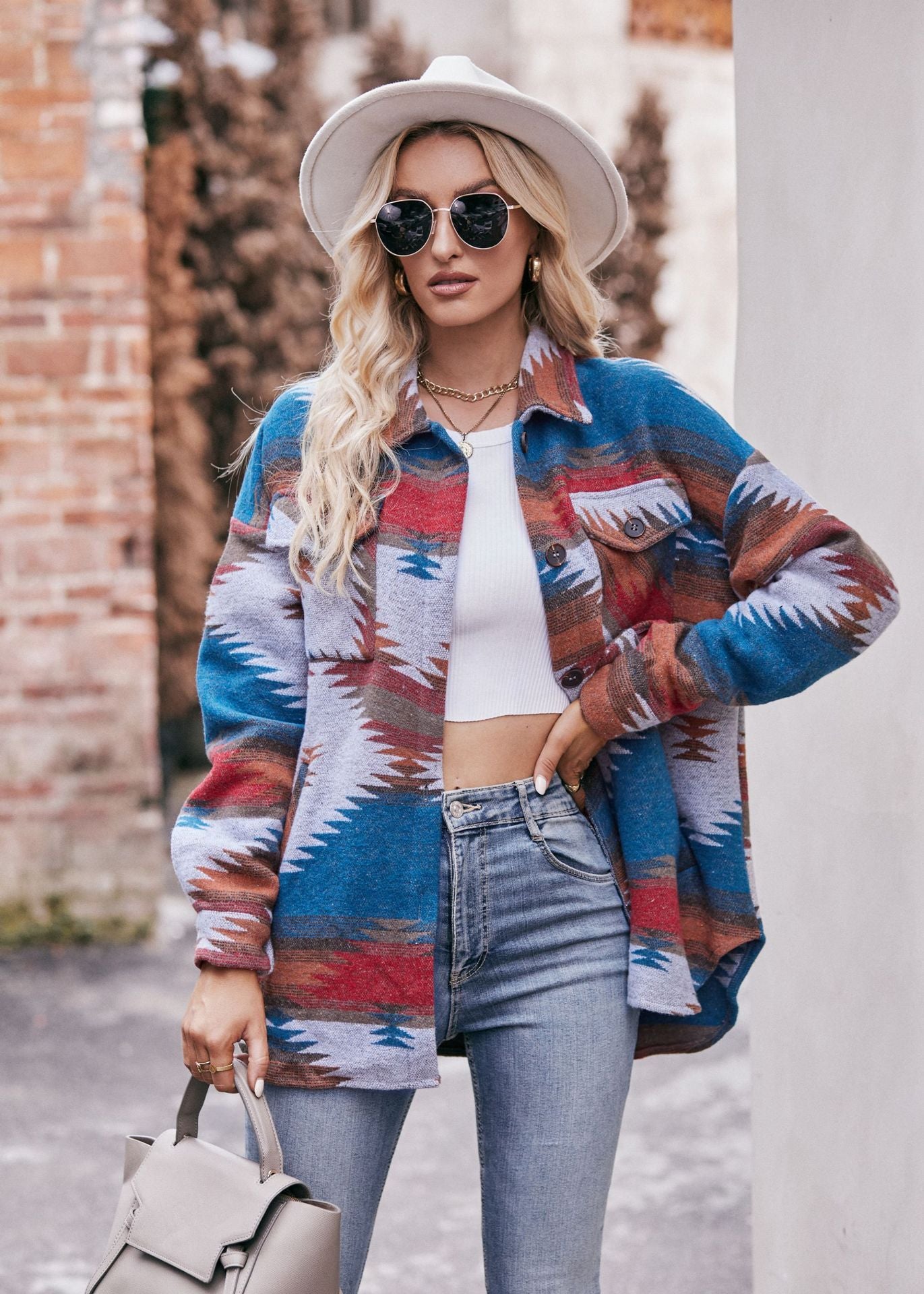 Women Geometric Jacket  with Pocket Lapel