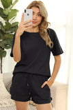 Women Short Sleeve Two Piece Casual Waffle Lounge Set