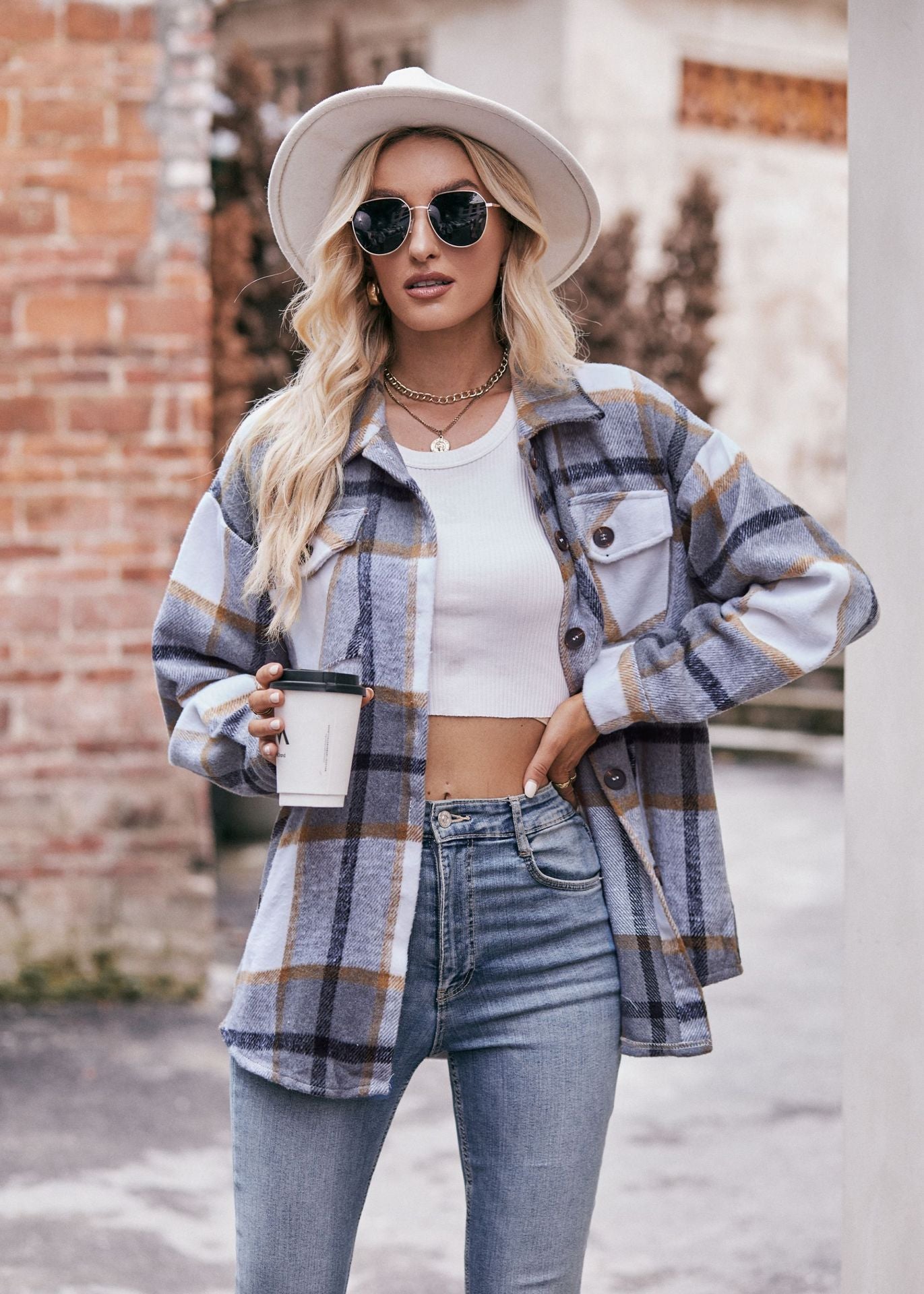 Women's Fall and Winter New Cross-border Women's Plaid Jacket Casual Loose Pocket Shirt