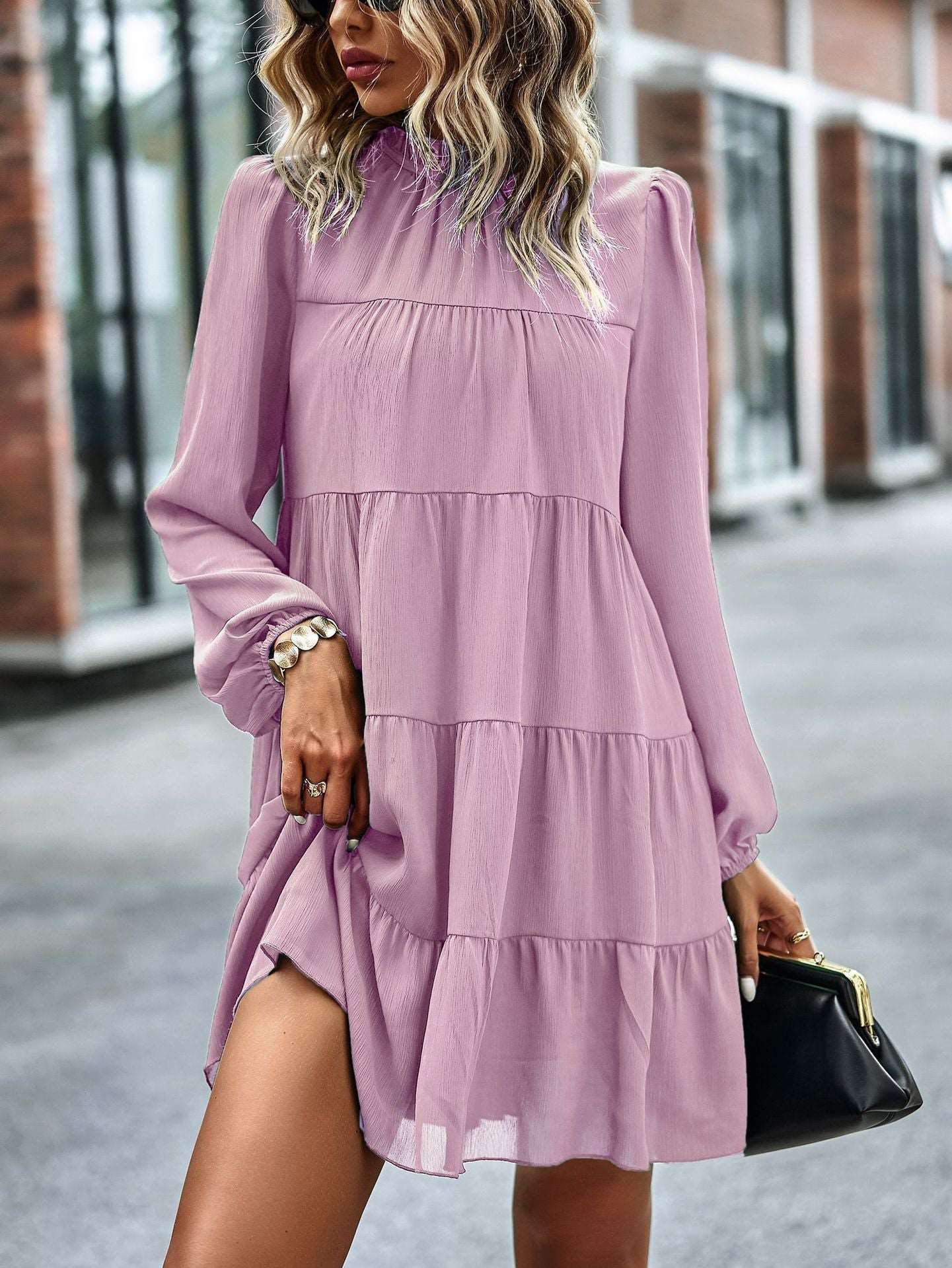 Womens Dress Long Lantern Sleeve Square Neck Tie Backless Sexy Dress Ruffle Elastic Waist A-Line Mini Dress