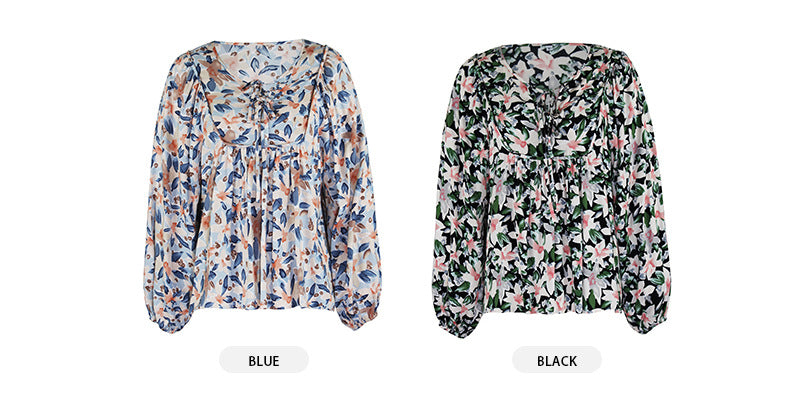 Tops bohemios de moda de otoño para mujer, camisas informales con volantes y cuello simulado, blusa de manga larga con estampado Floral 