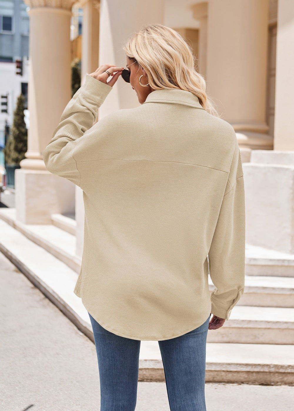 Women's Cross border Casual Loose Pocket Waffle Fashion Shirt Jacket Oversized