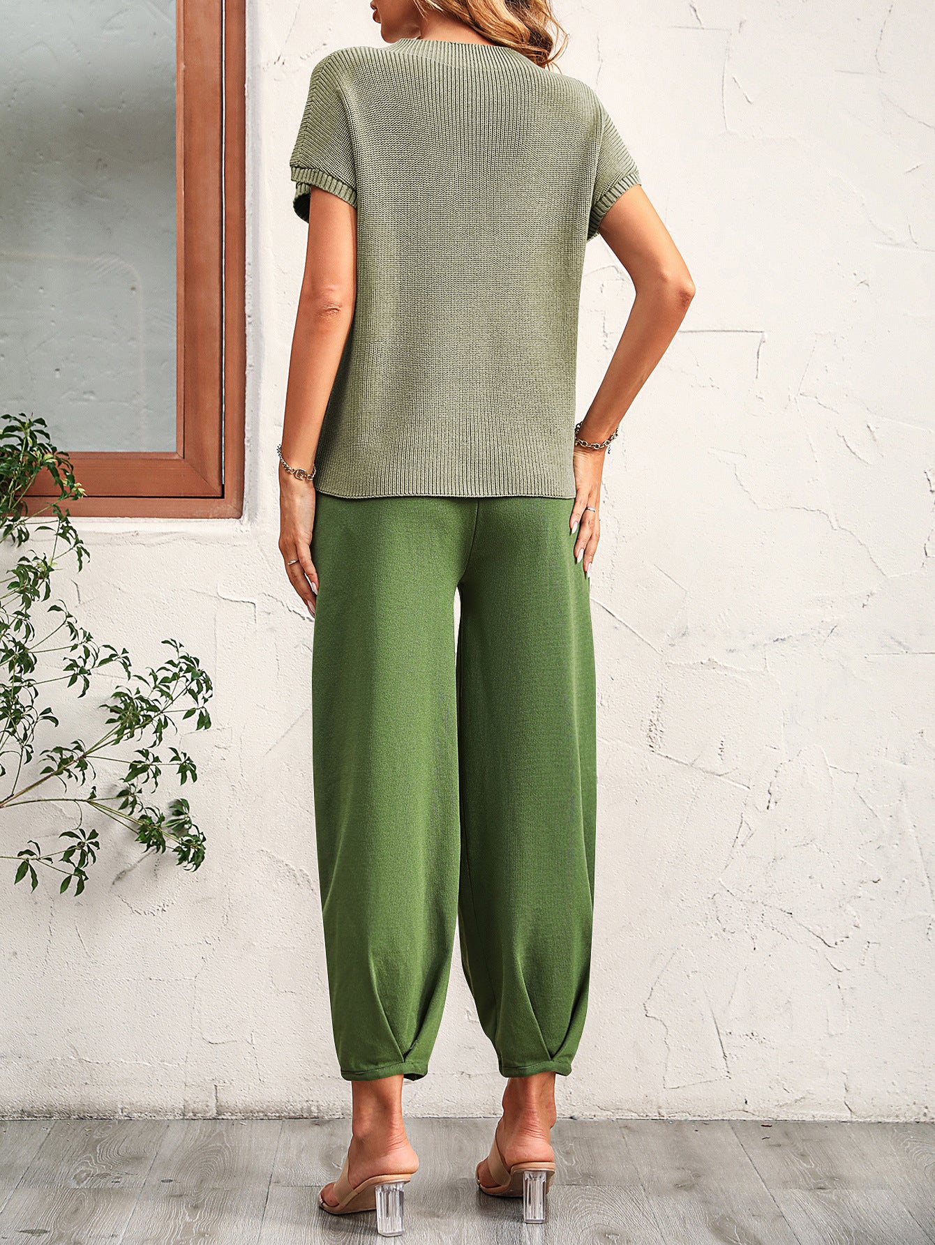 Women Short Sleeve Two Piece Solid Color Casual Waffle Loung
