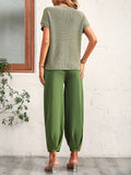Women Short Sleeve Two Piece Solid Color Casual Waffle Loung