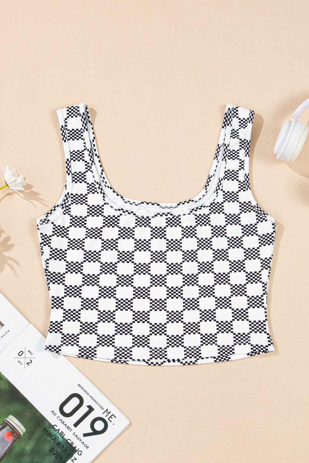 Black Checkered Print U Neck Cropped Tank Top